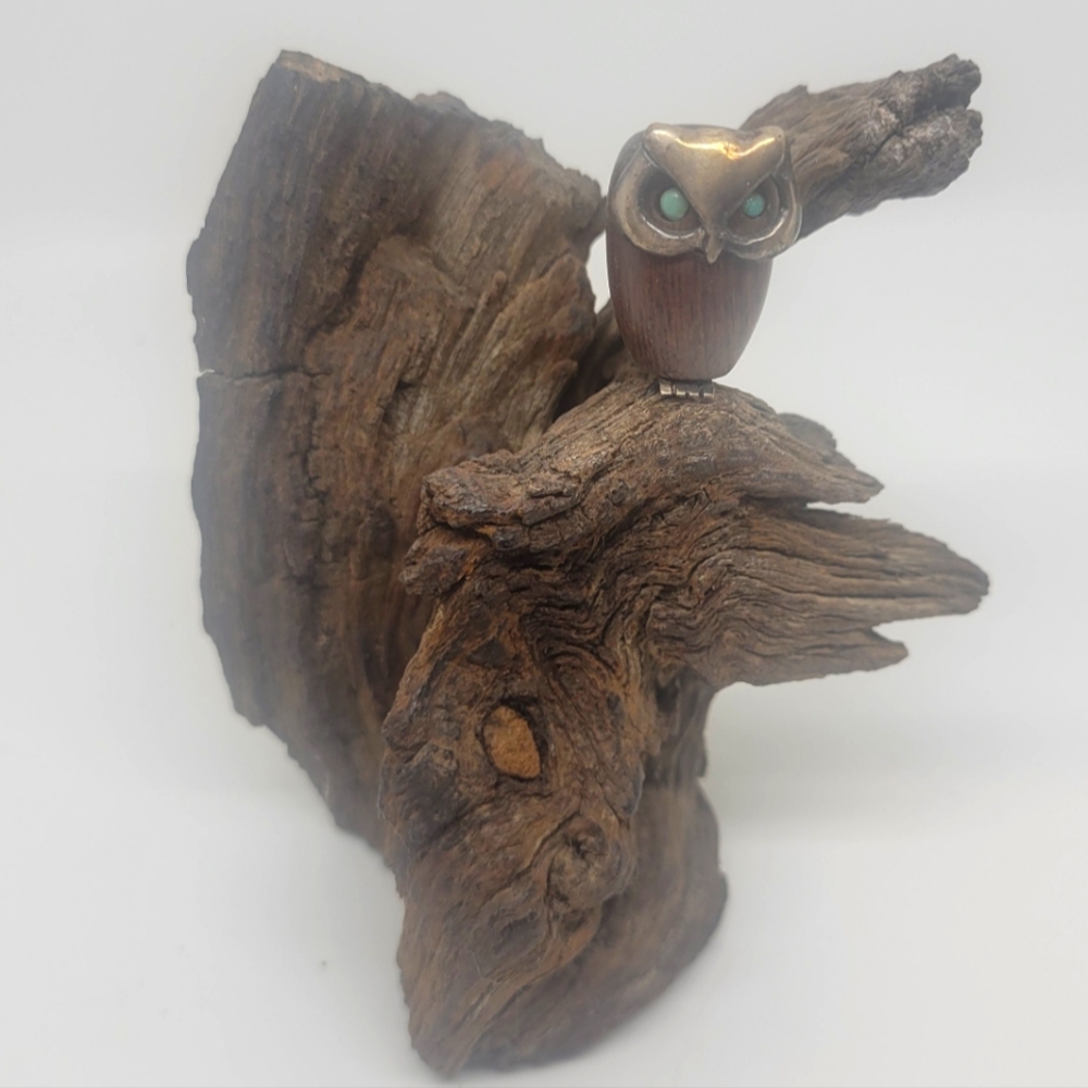 Wooden/Brass Owl On Driftwood